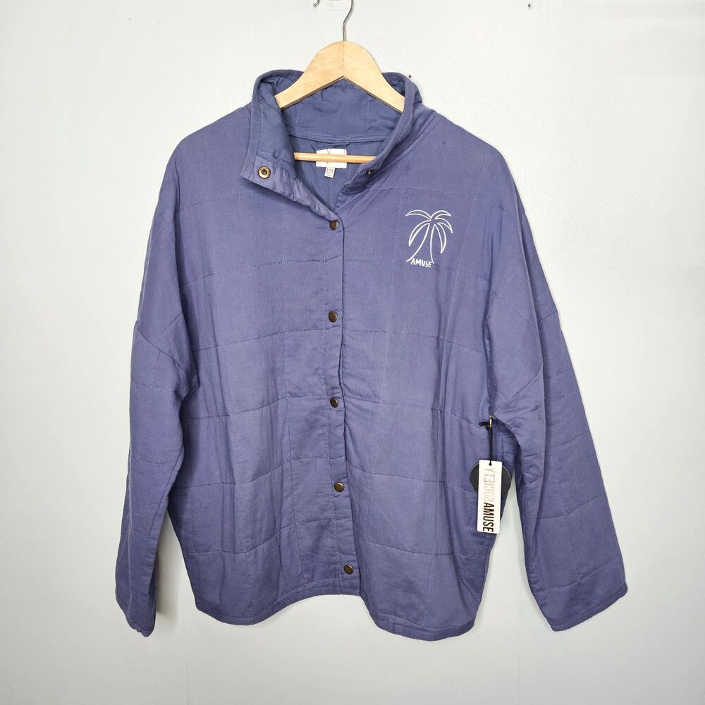 Revolve AMUSE SOCIETY Quilted Shacket L/XL Blue Snaps Embroidered Palm Tree